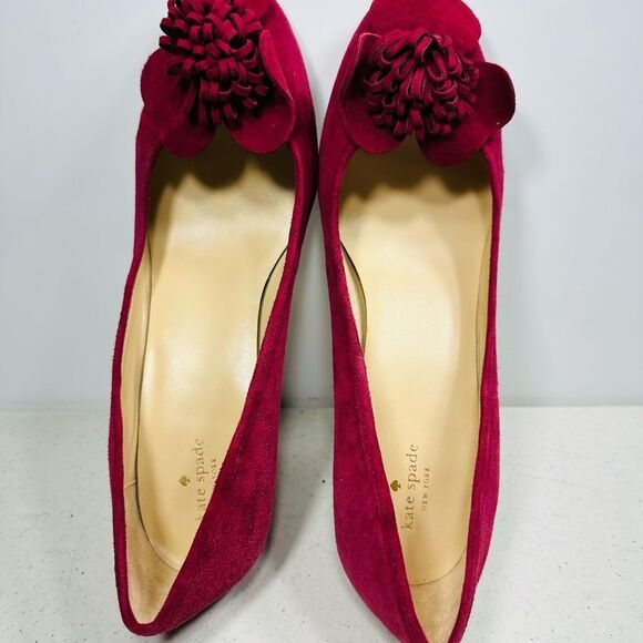 Kate Spade New York Suede Red High Heeled Pump Slip On Shoes Raised Flower 10 - Picture 7 of 7